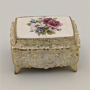 Vintage Mele Musical Jewelry Box Floral Enamel Japan Made Trinket Keepsake